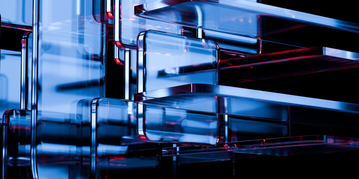 Abstract futuristic iridescent glass shapes with neon reflections glossy transparent panels and curved ribbons on dark tech background for UI web ads wallpaper 3d rendering