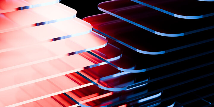 Abstract futuristic iridescent glass shapes with neon reflections glossy transparent panels and curved ribbons on dark tech background for UI web ads wallpaper 3d rendering