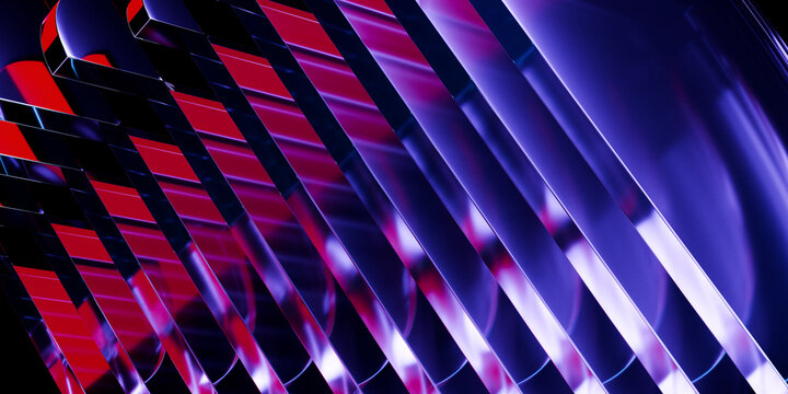 Cyber elements made of transparent glass and liquid acrylic purple blue glow on black backdrop cinematic tech background design cover art music visuals 3d rendering