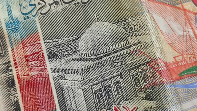 Kuwaiti dinar (kwd) currency bank note signs and symbols stop motion extreme closeup macro flat lay top view. Kuwait reserve money, economy, banking, inflation, trade and forex investment concept.
