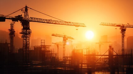 Construction site silhouette at sunset with multiple cranes orange sky