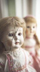 doll. A vintage cracked porcelain doll beside a pristine doll in soft window light. wellbeing guides, coaching materials, designed for coaching and self-improvement content, clarifies learning.
