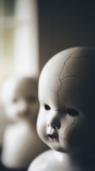doll. A vintage cracked porcelain doll beside a pristine doll in soft window light. wellbeing guides, coaching materials, designed for coaching and self-improvement content, clarifies learning.
