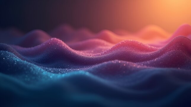 Periwinkle, marigold, plum, and teal hues flowing fluidly across a dark background, forming a serene abstract gradient with soft undulating lines, ultra-smooth lighting