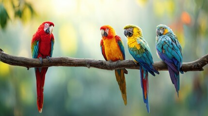 Colorful macaws perched on branch exotic birds nature wildlife parrot species