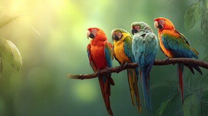 Colorful macaws perched on branch in natural habitat vibrant bird photography