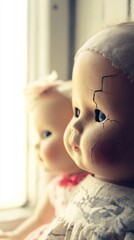 doll. A vintage cracked porcelain doll beside a pristine doll in soft window light. wellbeing guides, coaching materials, designed for coaching and self-improvement content, clarifies learning.

