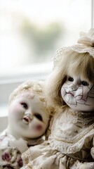 doll. A vintage cracked porcelain doll beside a pristine doll in soft window light. wellbeing guides, coaching materials, designed for coaching and self-improvement content, clarifies learning.
