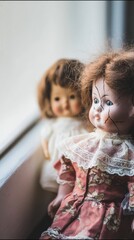 doll. A vintage cracked porcelain doll beside a pristine doll in soft window light. wellbeing guides, coaching materials, designed for coaching and self-improvement content, clarifies learning.
