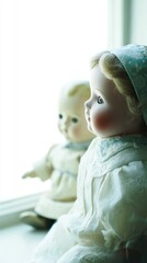 doll. A vintage cracked porcelain doll beside a pristine doll in soft window light. wellbeing guides, coaching materials, designed for coaching and self-improvement content, clarifies learning.
