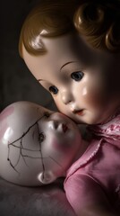doll. A vintage cracked porcelain doll beside a pristine doll in soft window light. wellbeing guides, coaching materials, designed for coaching and self-improvement content, clarifies learning.
