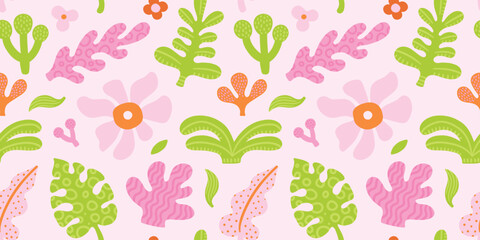 Seamless simple jungle tropical abstract pattern with palm tree, leaves, flowers. Summer texture. Vector illustration. Pink background, pastel color palette, green, rose, orange. © Anna