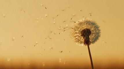 Dandelion flower releasing seeds in sunlight for concepts of freedom and nature