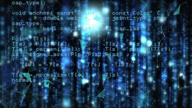 Animation of falling circles, dots connected and forming abstract shape over programming language