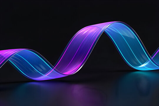 Futuristic flowing glass ribbon glowing with purple and blue neon reflections on dark background, ultra smooth cinematic 3D abstract render.