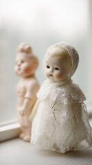 Fototapeta premium doll. A vintage cracked porcelain doll beside a pristine doll in soft window light. wellbeing guides, coaching materials, designed for coaching and self-improvement content, clarifies learning. 