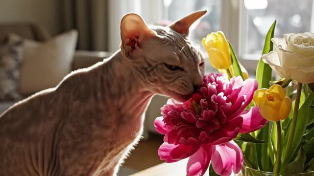 Hairless cat sniffs a bright pink peony, with other flowers arranged in a vase in a naturally lit room
