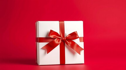 White gift box with red bow isolated on white background