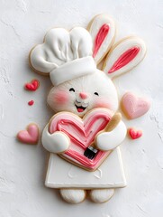 Easter bunny chef with glazed heart-shaped gingerbread cookies
