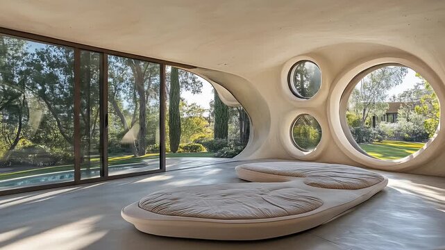 Curved interior with round windows and a large glass door overlooking a landscape