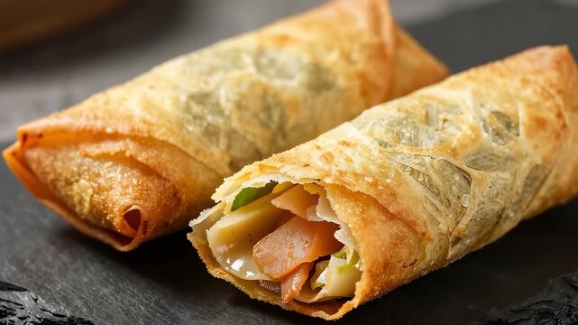 Close up of crispy golden fried spring rolls for Lunar New Year