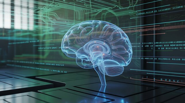 3D rendered brain with digital circuits and binary code background - Powered by Adobe