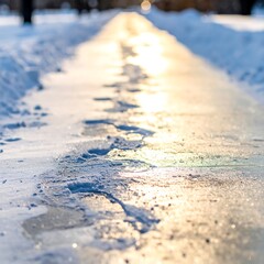 Sunlit icy path. Footprints in snow. Frozen. Reflecting sun. Winter. People in background. Path is narrow. Close up view