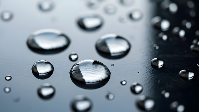 Water drops on dark surface close up view showing condensation and texture of clear liquid beads with selective focus and soft lighting for elegant background design of moisture and rain droplets
