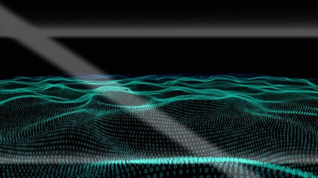 Animation of binary coding over green digital waves against black background