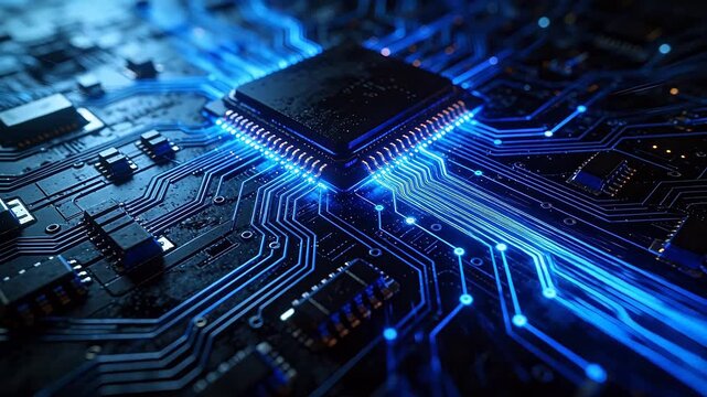 Electronic circuit board with central chip and blue glowing traces