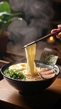 steaming bowl ramen noodles, chopsticks lifting noodles slow-motion, glistening broth boiled egg, sliced pork, seaweed, green onions, steam rising, natural light rays, water condensation bowl edge