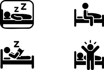 Naklejka premium Sleeping and Rest Icon Set – Sleep, Bedtime, Reading in Bed, and Wake Up Morning Vector EPS Pack