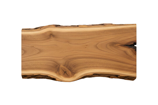 A raw live edge olive wood slab with natural grain and a small knot isolated on a white png transparent background