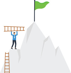 Obraz premium Businessman climbing mountain peak carrying ladder reaching green flag success goal achievement strategy challenge determination business progress