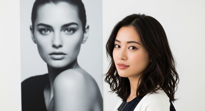 外国人モデルの大きなモノクロパネルを背にした、20代日本人女性モデルのバストアップ写真