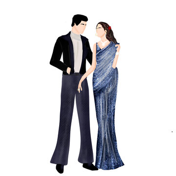 Indian wedding sangeet couple illustration, stylish man and woman in evening party outfits, modern festive dance night artwork for invitation, poster, social media, PNG with transparent background