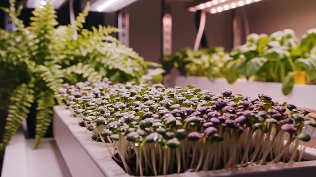 Indoor garden featuring rows of young microgreens and ferns under LED grow lights in a controlled environment