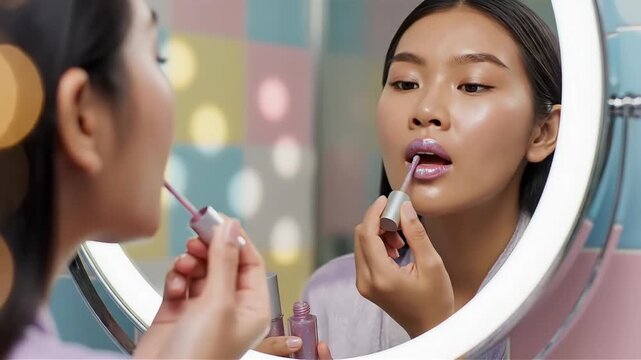Young Asian woman applies shimmering purple lip gloss while looking in a lighted vanity mirror beauty routine makeup tutorial self-care and vibrant color concept