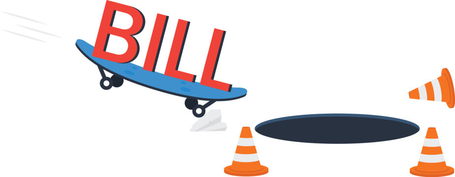 Bill payment skateboard jumping avoiding danger financial crisis debt problem overcoming obstacle warning sign traffic cone pothole hazard business concept urgent expense risk management