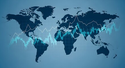 A world map with graphs and charts on a blue background representing global data and statistics