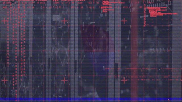 Animation of connected dots and computer language over grid pattern against server room