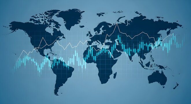 A world map with graphs and charts on a blue background representing global data and statistics - Powered by Adobe