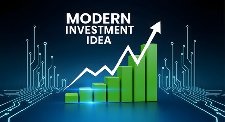 Naklejka premium Modern investment idea with green graph and white arrow on dark blue background with circuit board pattern