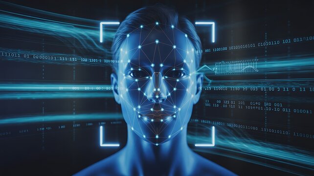 Digital human face with facial recognition technology and binary code