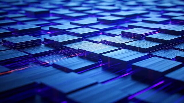 Blue and purple digital matrix blocks in futuristic data room