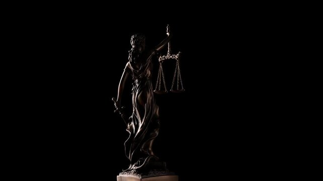 Dramatic rotating shot of the bronze Lady Justice statue holding a balance and sword against a black background.