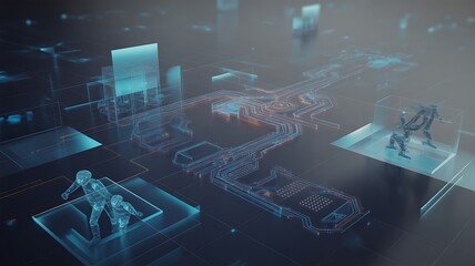 Futuristic digital interface with holographic human figures and circuit paths