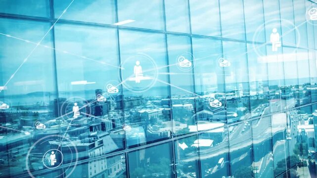 Animation of network of digital icons against reflection of cityscape on skyscraper