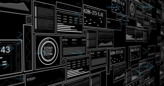 Animation of changing numbers, loading bars, circles and graphs over arrows against black background