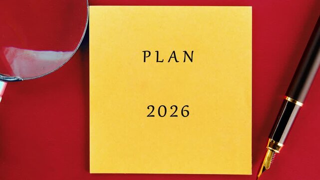 A yellow sticky note displays PLAN 2026 on a striking red background. A classic fountain pen rests nearby, symbolizing future goal setting and strategic thinking for the new year
